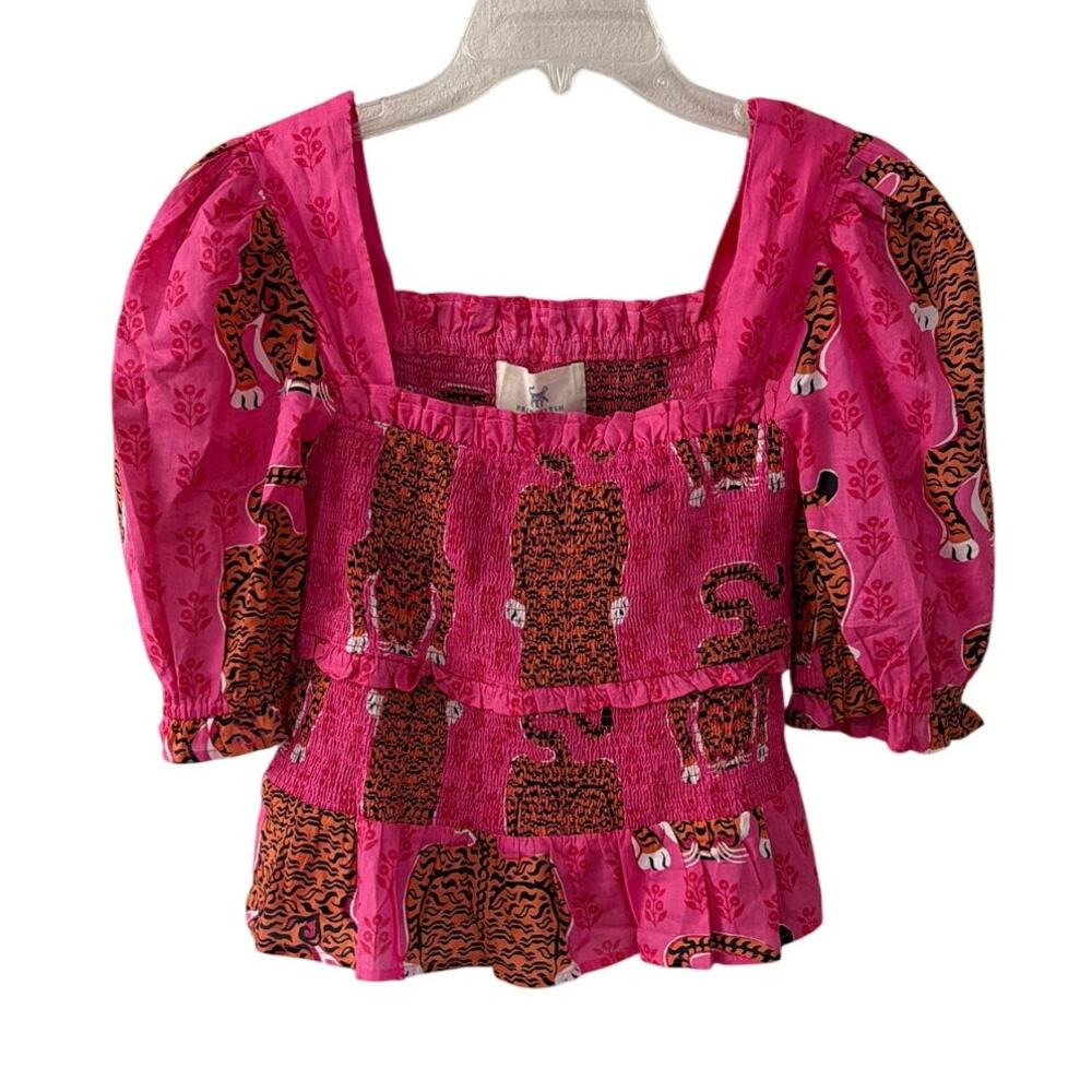 Printfresh Tiger Queen Smocked Peplum Blouse Pink Cotton Top Square Neck XXS NWT